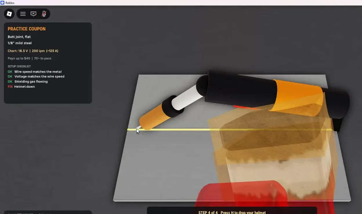 Welding Simulator Roblox practice booth UI telling the player to press H to drop the welding helmet