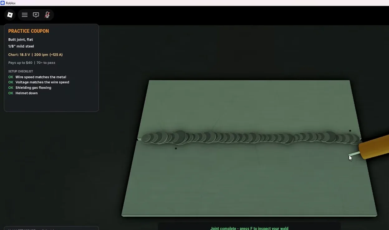 Welding Simulator Roblox completed weld prompt telling the player to press F to inspect the joint