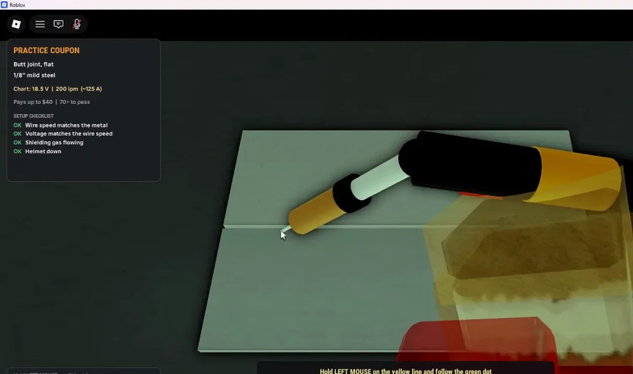 Welding Simulator Roblox MIG booth showing yellow weld line green dot and voltage wire gas sliders