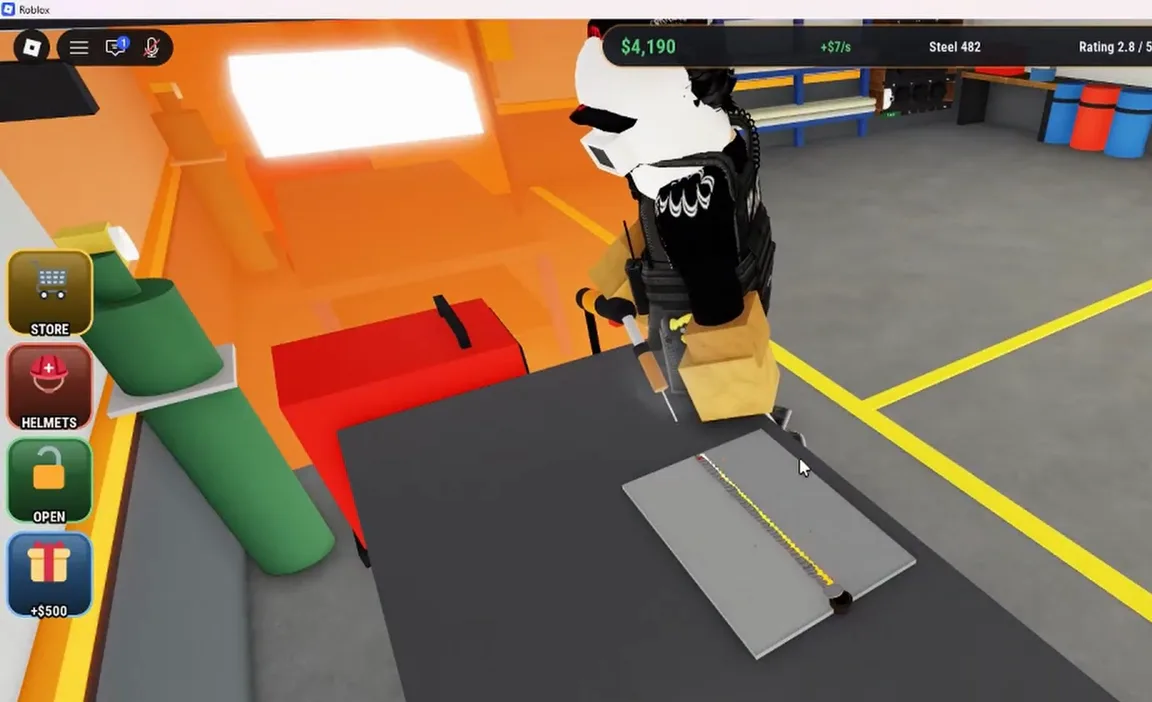 Welding Simulator Roblox hired welder wearing a mask and vest stick-welding a plate at a bench next to a red welding machine and a green gas cylinder
